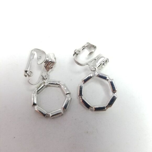 Vintage Rhinestone Dangle Clip On Earrings, Hoop Drop Design, Silver Tone, Retro - Picture 4 of 5